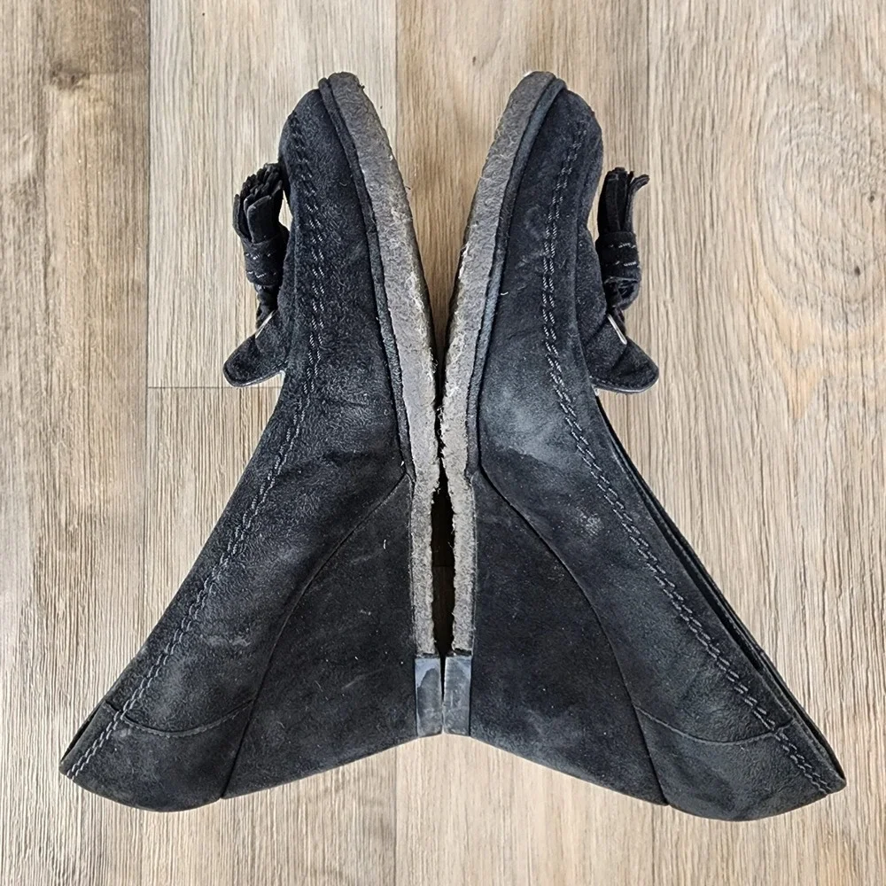 Stuart Weitzman 7.5 Black Suede Tassel Wedge Loafers‎ Classic Comfortable - Picture 6 of 13
